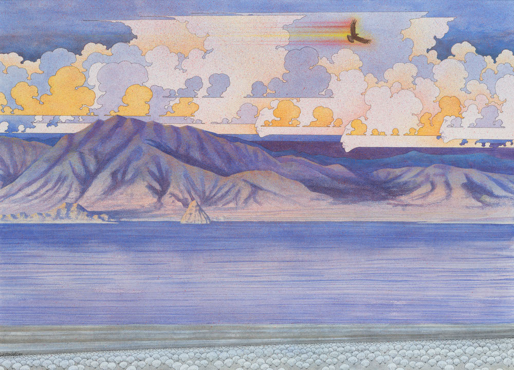 "Untitled", 1985. Private Collection. Image courtesy Nevada Museum of Art [blue lake with yellow clouds panorama]